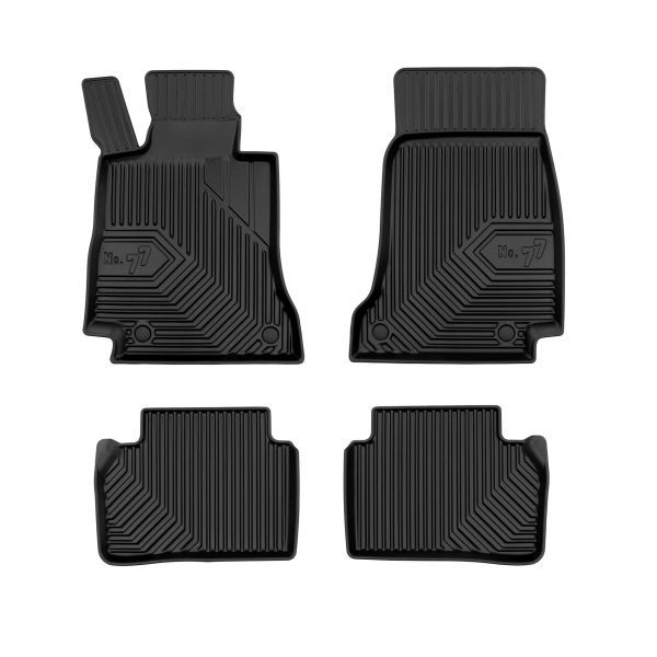 Set 5 covorase auto MERCEDES-BENZ E-CLASS (W213) din 2013-2016, cu covoras tunel median, cauciuc, 4x Stickere auto cu MERCEDES-BENZ