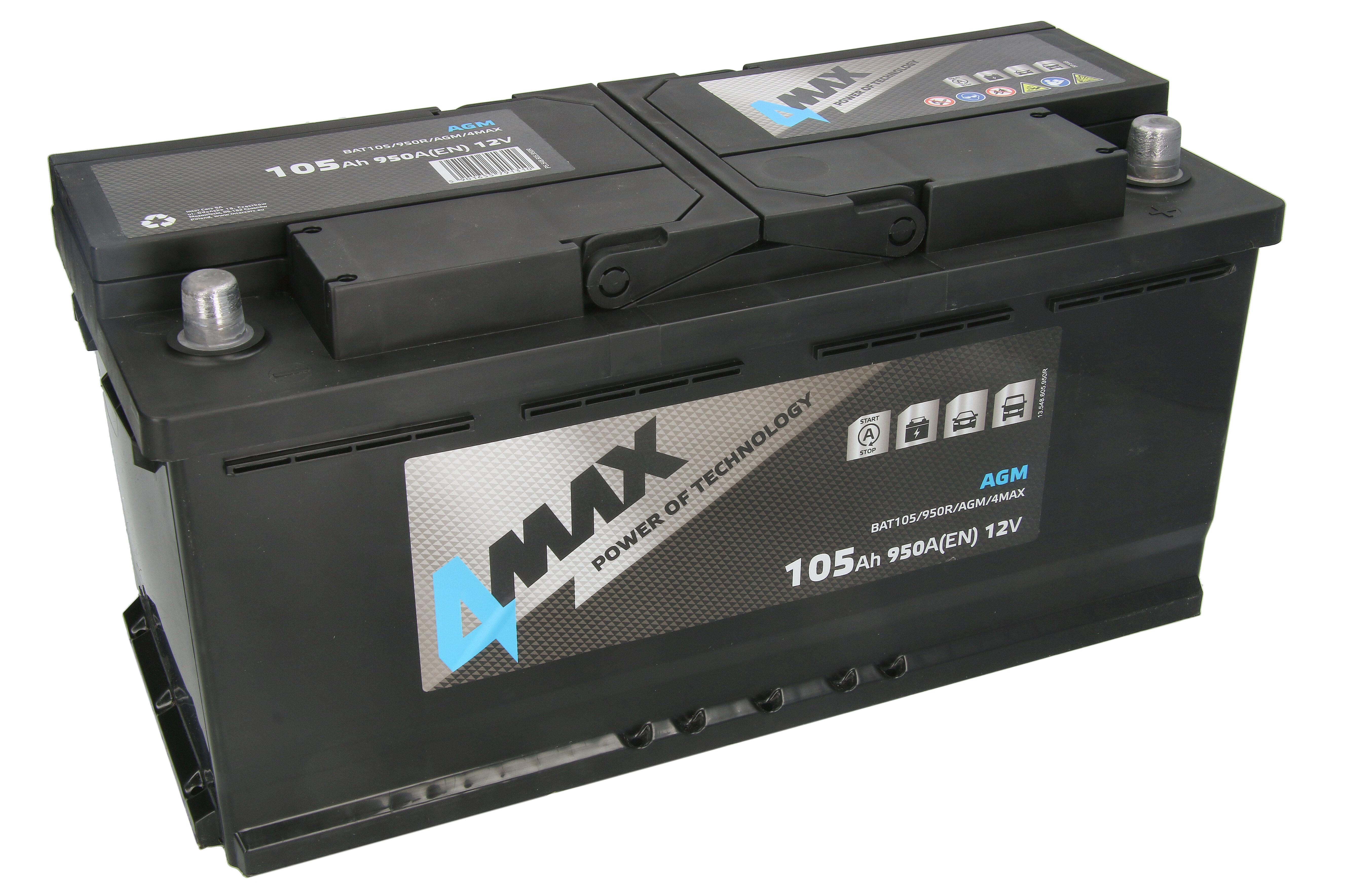 Акумулятор 4MAX 12В 105Агод./950А START&STOP AGM (R+ стандартні клеми) 394x175x190 B13 (пусковий/agm) фото 2