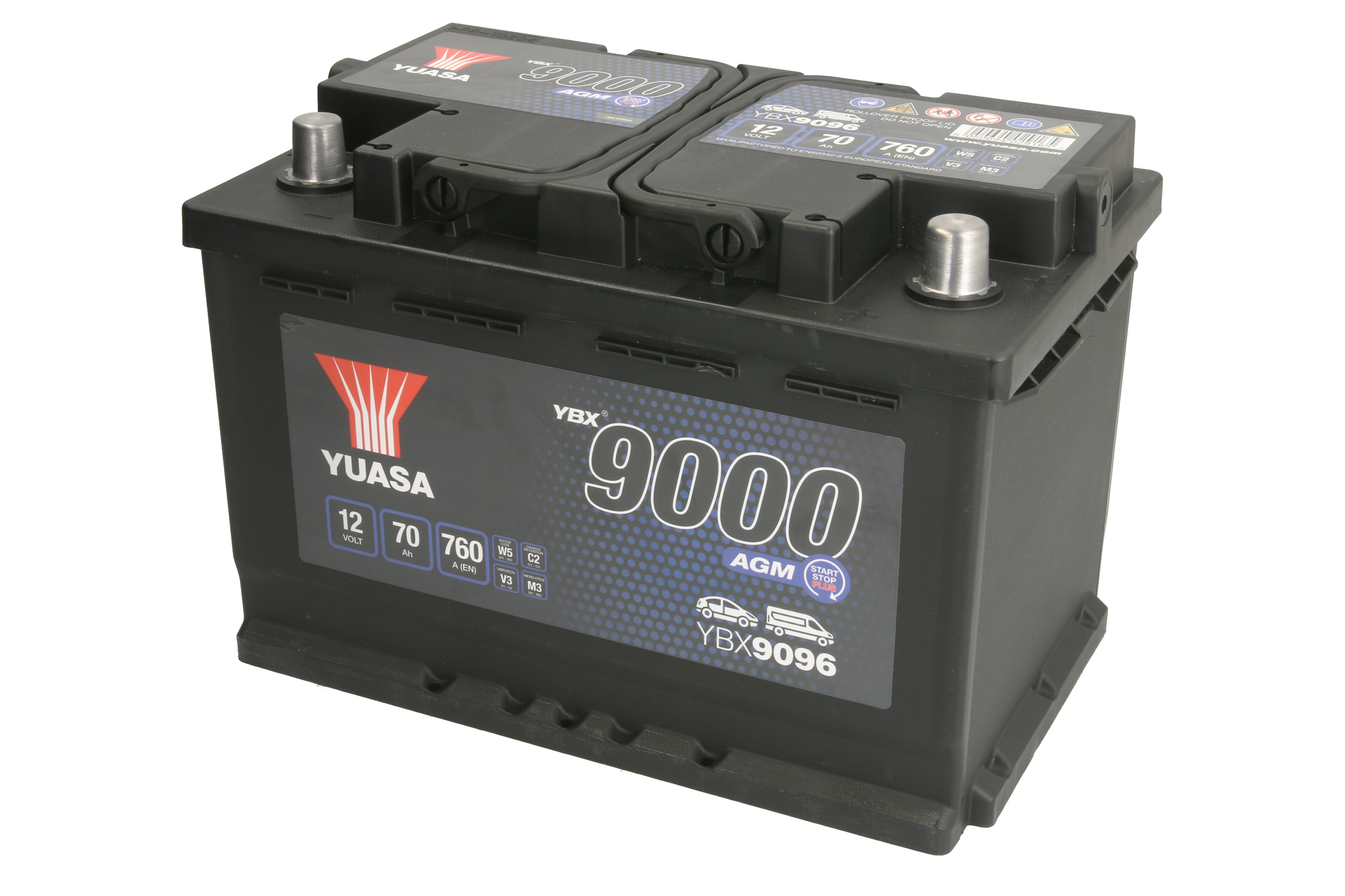 Акумулятор YUASA 12В 70Агод./760А START&STOP AGM, YBX9000 AGM Start Stop Plus (R+ стандартні клеми) 278x175x190 (пусковий/agm)