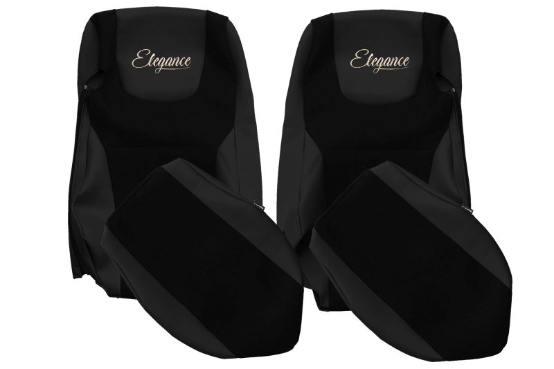 Set Huse Scaune Camion Tir DAF XF 106 din 2012-2017, Auto, Model ELEGANCE S, Culoare Negru, 4x Stickere auto cu DAF